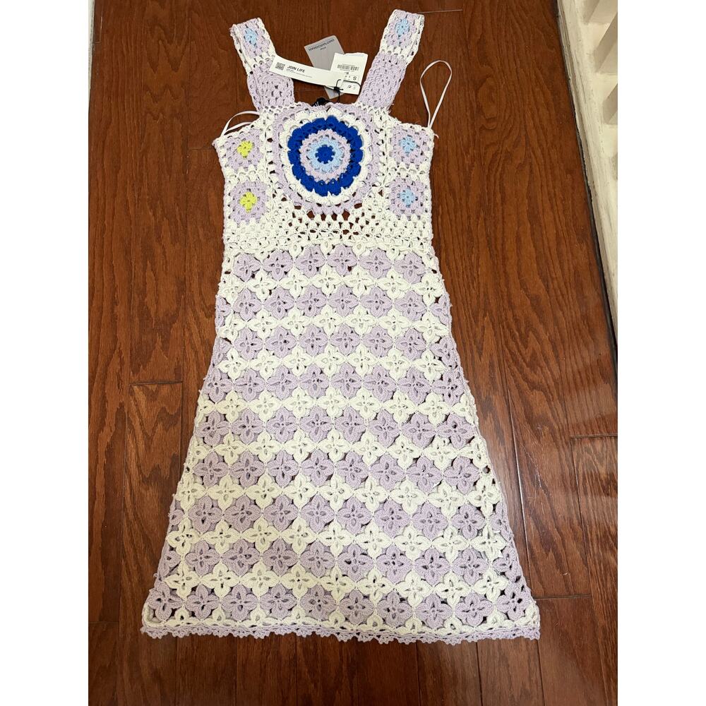 Zara Limited edition crochet‎ knit mini dress in purple and white size small